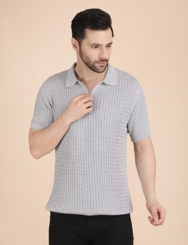 1R5A1179 GREY CABLE KNIT POLO