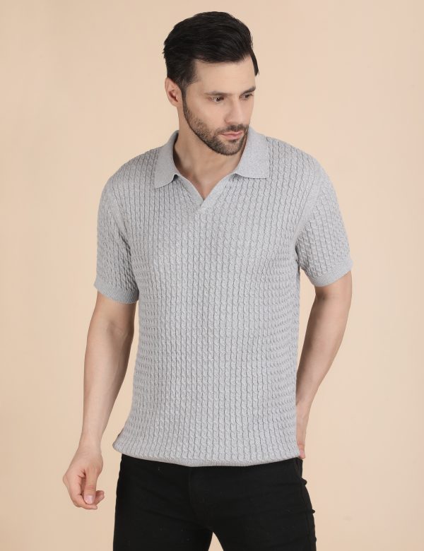 1R5A1182 GREY CABLE KNIT POLO