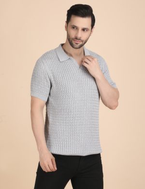 1R5A1184 GREY CABLE KNIT POLO