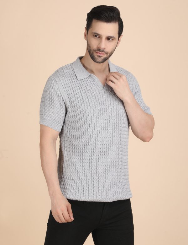 1R5A1184 GREY CABLE KNIT POLO