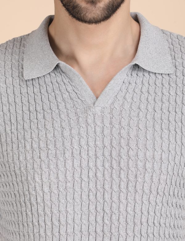 1R5A1185 GREY CABLE KNIT POLO