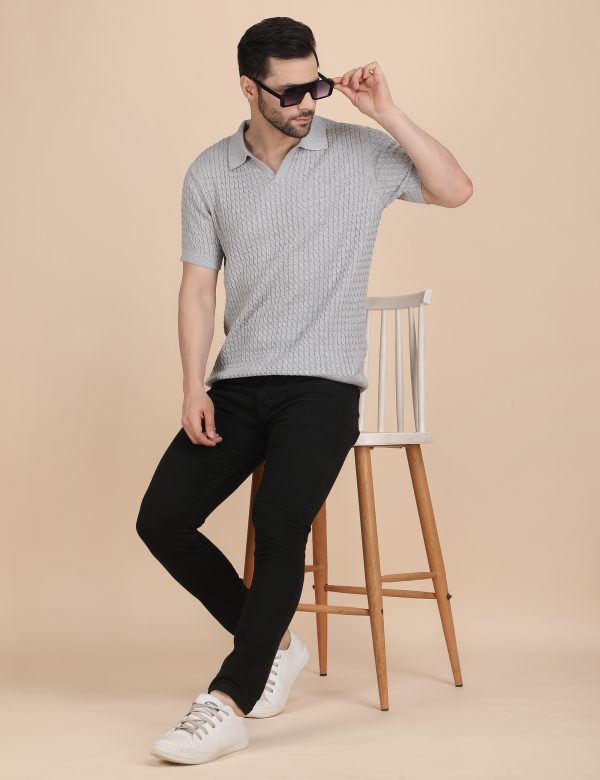 1R5A1189 GREY CABLE KNIT POLO