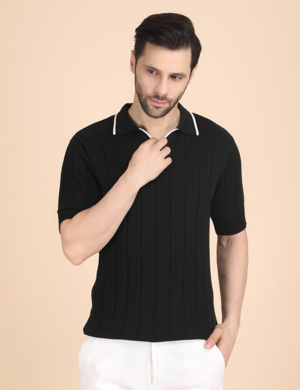 1R5A1273 BLACK RIBBED POLO KNIT