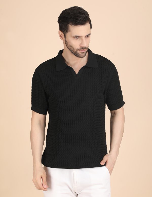 1R5A1298 BLACK CABLE KNIT POLO