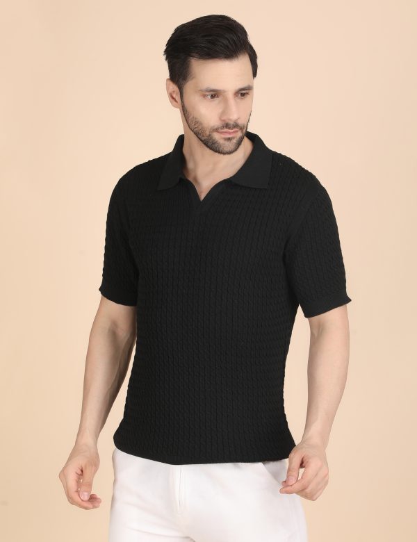 1R5A1301 BLACK CABLE KNIT POLO