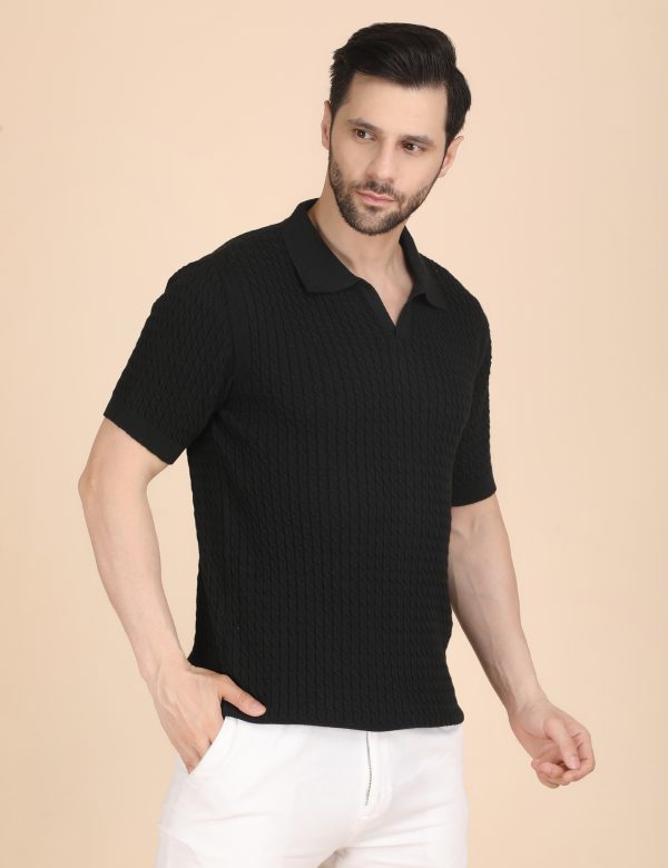 1R5A1303 BLACK CABLE KNIT POLO