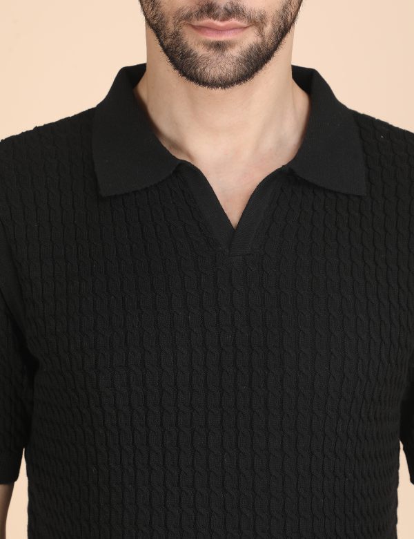 1R5A1304 BLACK CABLE KNIT POLO